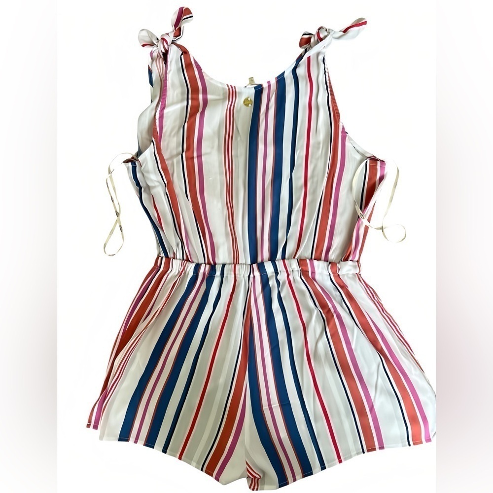 Hawaiian Tropic Romper L Striped Beach Coverup White Multicolor SleevelessV-Neck - Picture 5 of 8